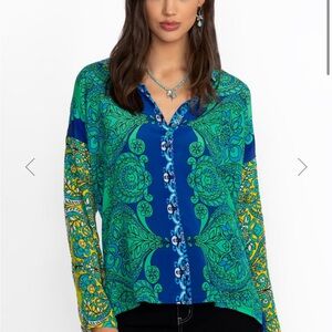 Silk Blue and Green Johnny Was Top